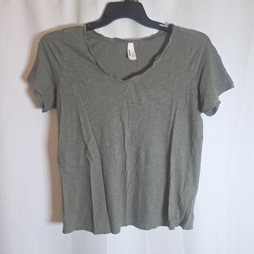 Pact V-Neck T-Shirt Organic Cotton Women's M Green Short Sleeve Basic
